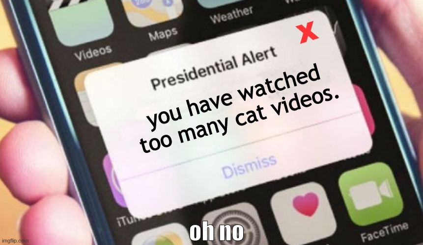 Presidential Alert Meme | X; you have watched too many cat videos. oh no | image tagged in memes,presidential alert | made w/ Imgflip meme maker