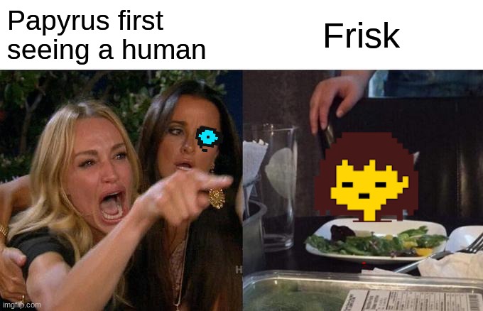Woman Yelling At Cat | Frisk; Papyrus first seeing a human | image tagged in memes,woman yelling at cat | made w/ Imgflip meme maker