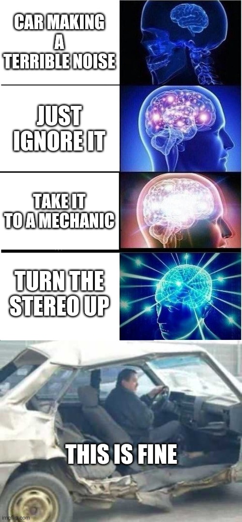 THAT'S WHAT I DO | CAR MAKING A TERRIBLE NOISE; JUST IGNORE IT; TAKE IT TO A MECHANIC; TURN THE STEREO UP; THIS IS FINE | image tagged in memes,expanding brain,cars,strange cars,fail | made w/ Imgflip meme maker