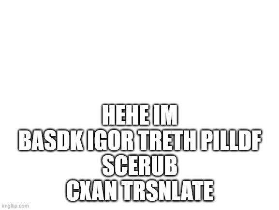 Blank White Template | HEHE IM BASDK IGOR TRETH PILLDF
SCERUB CXAN TRSNLATE | image tagged in blank white template | made w/ Imgflip meme maker