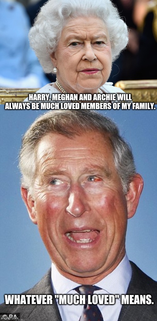 Charles' statement |  HARRY, MEGHAN AND ARCHIE WILL ALWAYS BE MUCH LOVED MEMBERS OF MY FAMILY. WHATEVER "MUCH LOVED" MEANS. | image tagged in prince charles | made w/ Imgflip meme maker