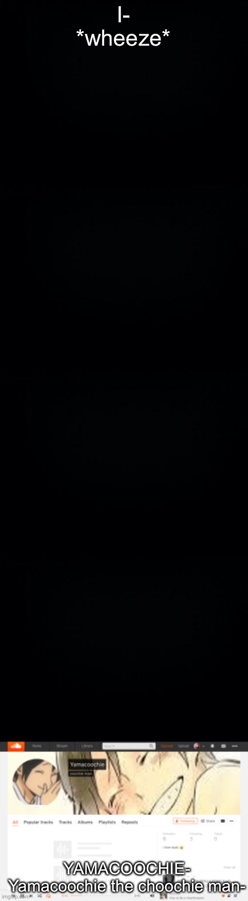 I-
*wheeze*; YAMACOOCHIE-
Yamacoochie the choochie man- | image tagged in black background | made w/ Imgflip meme maker