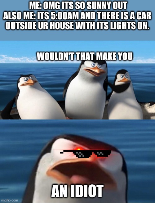 WOULDNT THAT MAKE U | ME: OMG ITS SO SUNNY OUT 
ALSO ME: ITS 5:00AM AND THERE IS A CAR OUTSIDE UR HOUSE WITH ITS LIGHTS ON.                                                                                       
         WOULDN'T THAT MAKE YOU; AN IDIOT | image tagged in wouldn't that make you | made w/ Imgflip meme maker