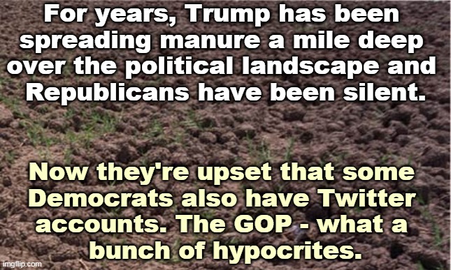 Trump making personal attacks on Twitter? Do tell. | For years, Trump has been 
spreading manure a mile deep 
over the political landscape and 
Republicans have been silent. Now they're upset that some 
Democrats also have Twitter 
accounts. The GOP - what a 
bunch of hypocrites. | image tagged in trump,twitter,filth,democrats,double standard | made w/ Imgflip meme maker