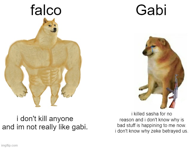 THIS IS SPOILERS FOR ANYONE WHO HAS NOT WATCHED ATTACK ON TITAN YET OR HAS READ THE MANGA | falco; Gabi; i don't kill anyone and im not really like gabi. i killed sasha for no reason and i don't know why is bad stuff is happining to me now. i don't know why zeke betrayed us. | image tagged in memes,buff doge vs cheems | made w/ Imgflip meme maker