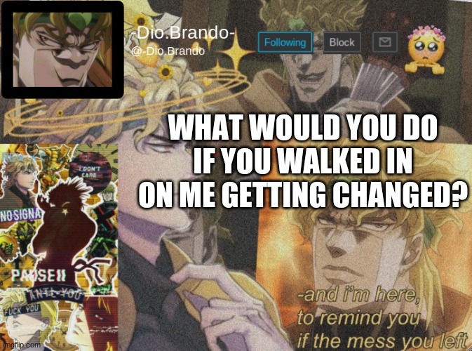 .-. | WHAT WOULD YOU DO IF YOU WALKED IN ON ME GETTING CHANGED? | image tagged in dio temp 2 | made w/ Imgflip meme maker