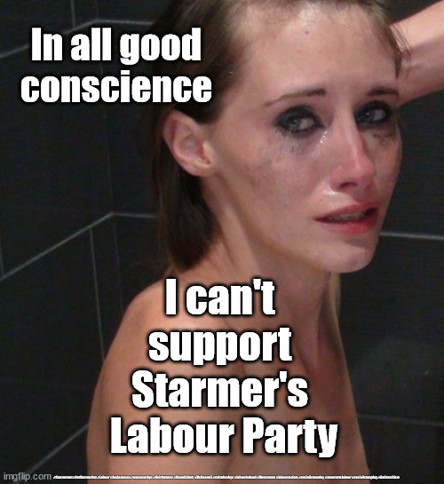 Labour elections | In all good conscience; I can't 
support 
Starmer's 
Labour Party; #Starmerout #GetStarmerOut #Labour #JonLansman #wearecorbyn #KeirStarmer #DianeAbbott #McDonnell #cultofcorbyn #labourisdead #Momentum #labourracism #socialistsunday #nevervotelabour #socialistanyday #Antisemitism | image tagged in labourisdead,cultofcorbyn,starmerout getstarmerout,captain hindsight,starmer labour leadership,labour local elections | made w/ Imgflip meme maker