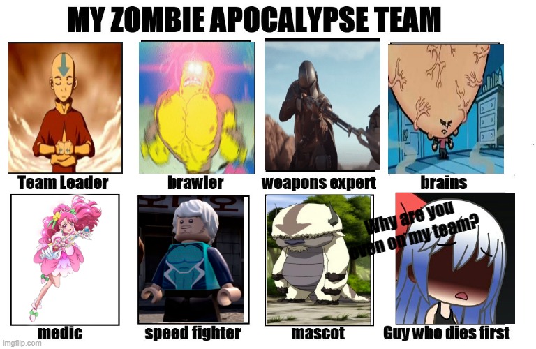 First of all, gacha heat kid gets destroyed in a second and the medic is Cure Grace from Healin' Good Precure (she's a healer) | Why are you even on my team? | image tagged in my zombie apocalypse team,avatar,precure,spongebob,this tag is useless | made w/ Imgflip meme maker