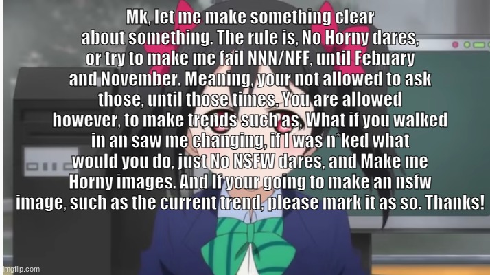 Am I clear guys...? | Mk, let me make something clear about something. The rule is, No Horny dares, or try to make me fail NNN/NFF, until Febuary and November. Meaning, your not allowed to ask those, until those times. You are allowed however, to make trends such as, What if you walked in an saw me changing, if I was n*ked what would you do, just No NSFW dares, and Make me Horny images. And If your going to make an nsfw image, such as the current trend, please mark it as so. Thanks! | image tagged in niko serious | made w/ Imgflip meme maker
