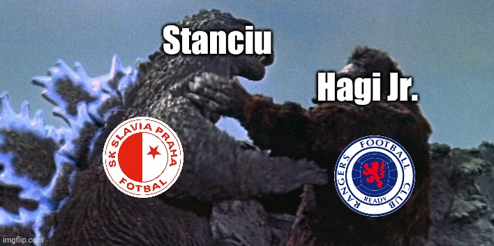 Slavia Prague 1-1 Rangers. 2 Romanians strike back with Stanciu goal and Ianis Hagi assist | Stanciu; Hagi Jr. | image tagged in king kong vs godzilla,slavia prague,rangers,europa league,romanians,memes | made w/ Imgflip meme maker
