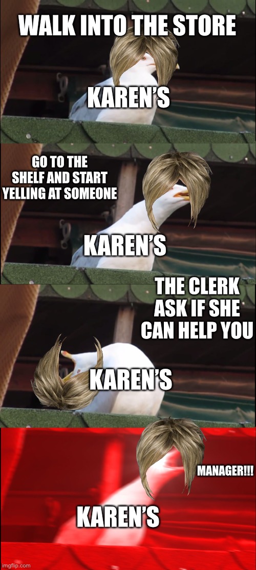 Inhaling Seagull | WALK INTO THE STORE; KAREN’S; GO TO THE SHELF AND START YELLING AT SOMEONE; KAREN’S; THE CLERK ASK IF SHE CAN HELP YOU; KAREN’S; MANAGER!!! KAREN’S | image tagged in memes,inhaling seagull | made w/ Imgflip meme maker
