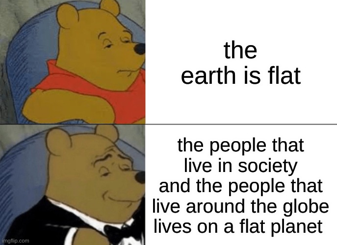 that politic man | the earth is flat; the people that live in society and the people that live around the globe lives on a flat planet | image tagged in memes,tuxedo winnie the pooh | made w/ Imgflip meme maker