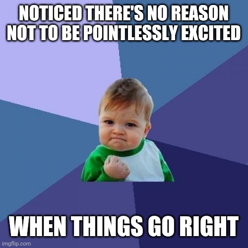 Based upon same thing having gone annoyingly wrong for no good reason | NOTICED THERE'S NO REASON NOT TO BE POINTLESSLY EXCITED; WHEN THINGS GO RIGHT | image tagged in memes,success kid | made w/ Imgflip meme maker