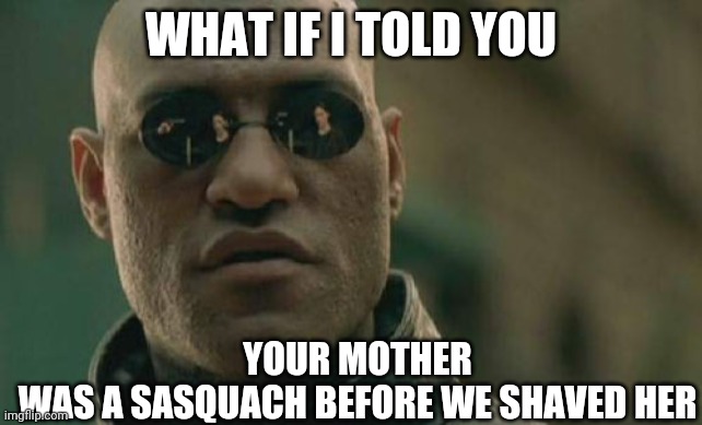 Matrix Morpheus | WHAT IF I TOLD YOU; YOUR MOTHER WAS A SASQUACH BEFORE WE SHAVED HER | image tagged in memes,matrix morpheus | made w/ Imgflip meme maker