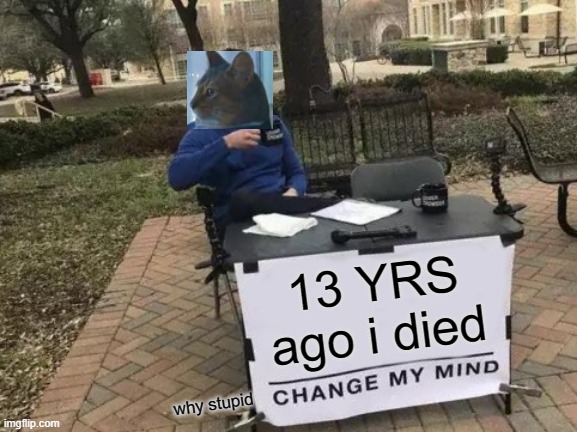 Change My Mind | 13 YRS ago i died; why stupid | image tagged in memes,change my mind | made w/ Imgflip meme maker