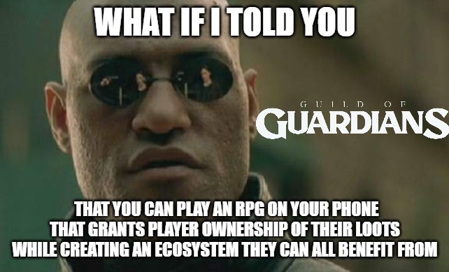 GoG Matrix | WHAT IF I TOLD YOU; THAT YOU CAN PLAY AN RPG ON YOUR PHONE THAT GRANTS PLAYER OWNERSHIP OF THEIR LOOTS WHILE CREATING AN ECOSYSTEM THEY CAN ALL BENEFIT FROM | image tagged in memes,matrix morpheus | made w/ Imgflip meme maker