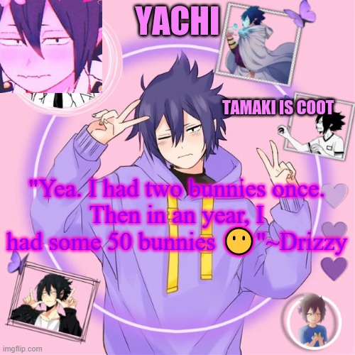 Yachi's Tamaki temp | "Yea. I had two bunnies once.
Then in an year, I had some 50 bunnies 😶"~Drizzy | image tagged in yachi's tamaki temp | made w/ Imgflip meme maker