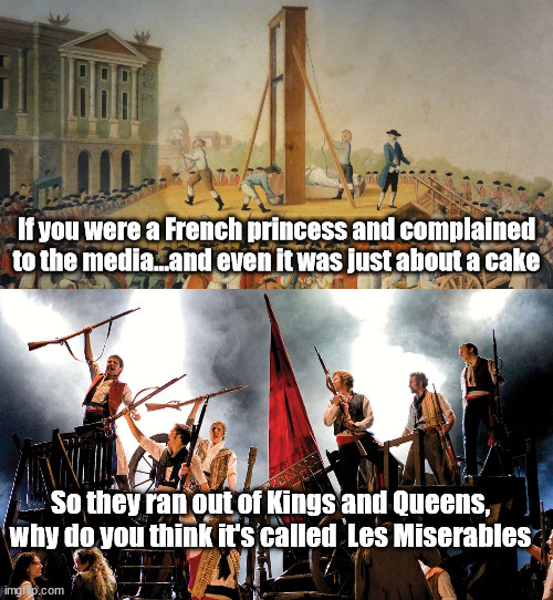If you were a French princess and complained to the media...and even it was just about a cake; So they ran out of Kings and Queens, why do you think it's called  Les Miserables | image tagged in meghan markle | made w/ Imgflip meme maker