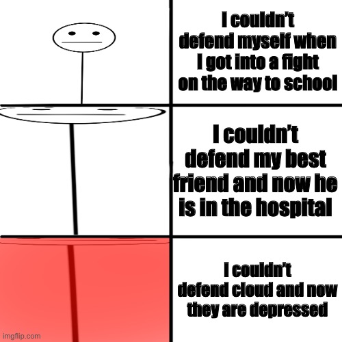 *he | I couldn’t defend myself when I got into a fight on the way to school; I couldn’t defend my best friend and now he is in the hospital; I couldn’t defend cloud and now they are depressed | image tagged in d e r p comparison | made w/ Imgflip meme maker