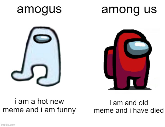 amogus | amogus; among us; i am and old meme and i have died; i am a hot new meme and i am funny | image tagged in memes,buff doge vs cheems | made w/ Imgflip meme maker