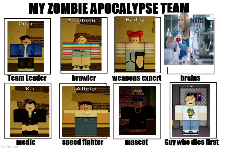 this is too long | image tagged in my zombie apocalypse team,roblox,meme man smort,filcker,kai,omar | made w/ Imgflip meme maker