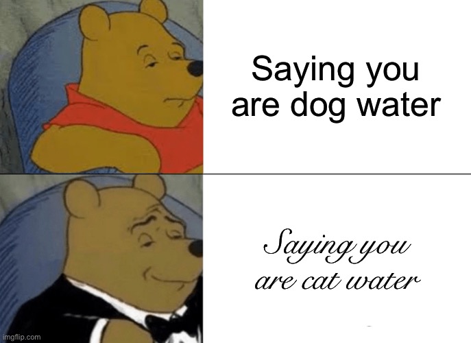 Tuxedo Winnie The Pooh | Saying you are dog water; Saying you are cat water | image tagged in memes,tuxedo winnie the pooh | made w/ Imgflip meme maker