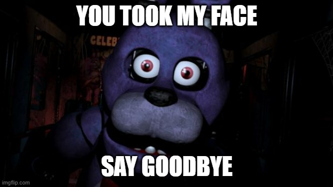 Bonnie breaks the 4th wall | YOU TOOK MY FACE; SAY GOODBYE | image tagged in fnaf bonnie,4th wall | made w/ Imgflip meme maker