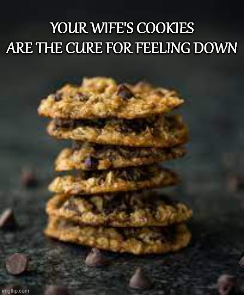 Food can help | YOUR WIFE'S COOKIES ARE THE CURE FOR FEELING DOWN | image tagged in cookies,funny,depression | made w/ Imgflip meme maker