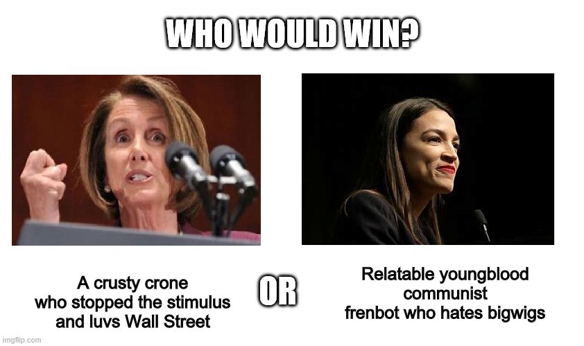 AOC is OPed among Dems... | WHO WOULD WIN? A crusty crone who stopped the stimulus and luvs Wall Street; OR; Relatable youngblood communist frenbot who hates bigwigs | image tagged in aoc,pelosi,who would win,meme,politics | made w/ Imgflip meme maker