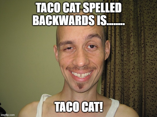 wierdo32 | TACO CAT SPELLED BACKWARDS IS........ TACO CAT! | image tagged in wierdo32 | made w/ Imgflip meme maker