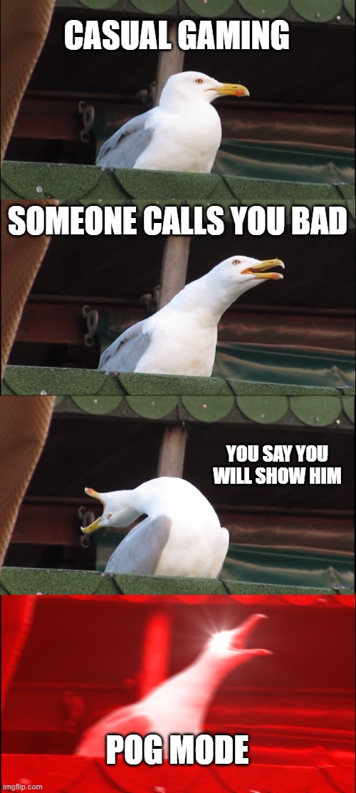 Inhaling Seagull | CASUAL GAMING; SOMEONE CALLS YOU BAD; YOU SAY YOU WILL SHOW HIM; POG MODE | image tagged in memes,inhaling seagull | made w/ Imgflip meme maker