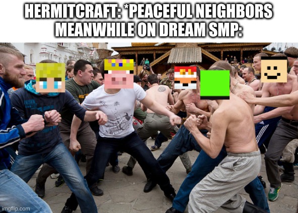 mhm. | HERMITCRAFT: *PEACEFUL NEIGHBORS
MEANWHILE ON DREAM SMP: | image tagged in memes,funny,minecraft,comparison | made w/ Imgflip meme maker