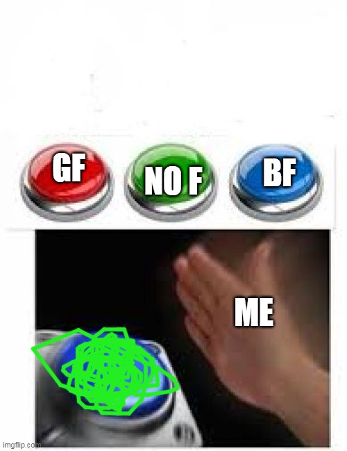 Red Green Blue Buttons | GF BF NO F ME | image tagged in red green blue buttons | made w/ Imgflip meme maker