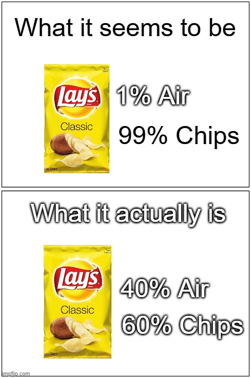 It is true though |  What it seems to be; 1% Air; 99% Chips; What it actually is; 40% Air; 60% Chips | image tagged in memes,blank comic panel 1x2 | made w/ Imgflip meme maker