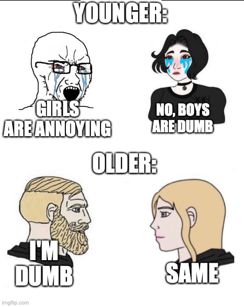 Younger: We think the other is dumb; Older: Wow we are so dumb | YOUNGER:; GIRLS ARE ANNOYING; NO, BOYS ARE DUMB; OLDER:; I'M DUMB; SAME | image tagged in girls and boys conversation | made w/ Imgflip meme maker