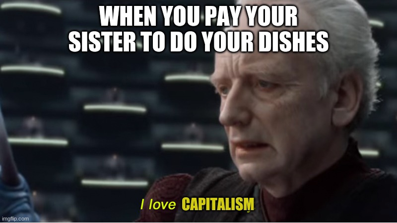I love democracy | WHEN YOU PAY YOUR SISTER TO DO YOUR DISHES; CAPITALISM | image tagged in i love democracy | made w/ Imgflip meme maker