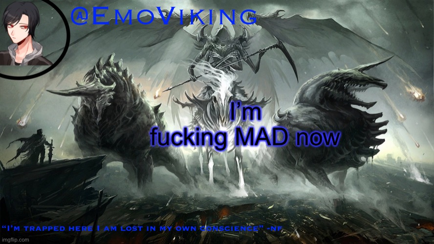 EmoViking has a thing to say | I’m fucking MAD now | image tagged in emoviking has a thing to say | made w/ Imgflip meme maker