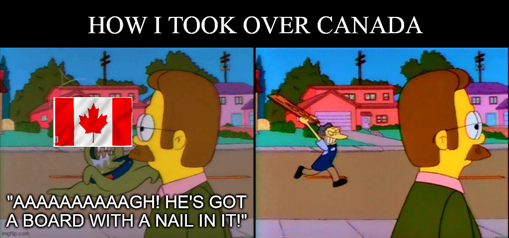 How I took over Canada | HOW I TOOK OVER CANADA; "AAAAAAAAAAGH! HE'S GOT A BOARD WITH A NAIL IN IT!" | image tagged in the simpsons | made w/ Imgflip meme maker