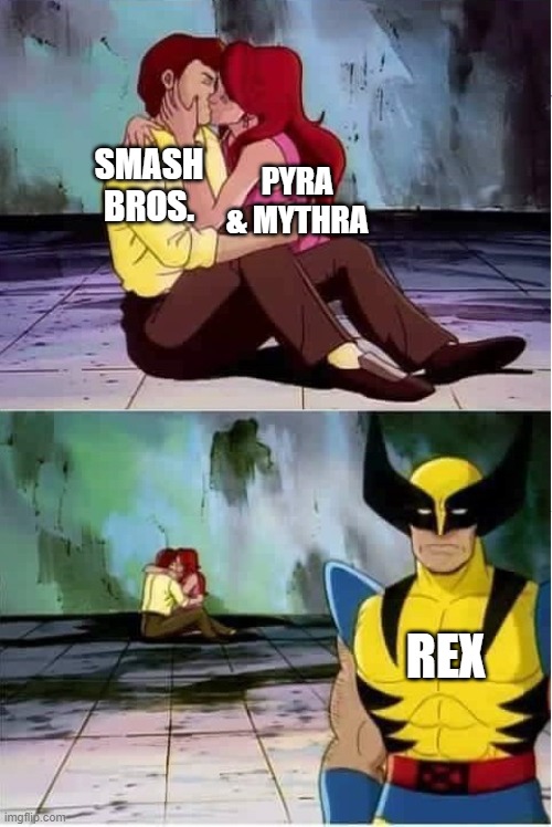 Sad wolverine left out of party | SMASH BROS. PYRA & MYTHRA REX | image tagged in sad wolverine left out of party | made w/ Imgflip meme maker