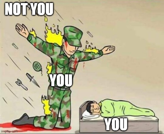 THIS MEME WILL MAKE YOU SAY YOU | NOT YOU; YOU; YOU | image tagged in soldier protecting sleeping child | made w/ Imgflip meme maker