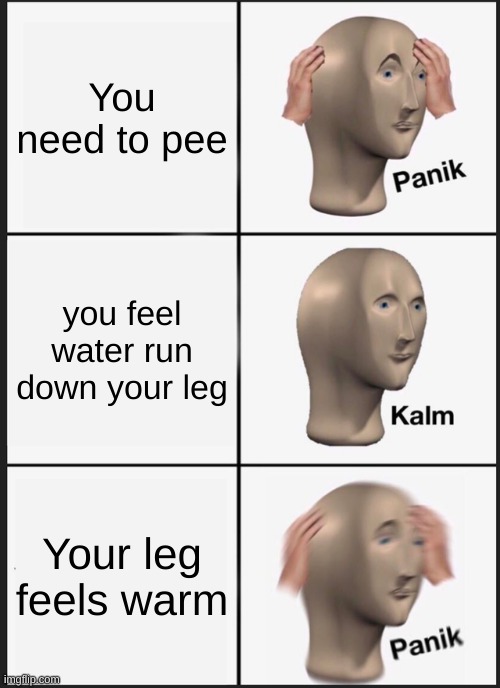 Panik Kalm Panik Meme | You need to pee; you feel water run down your leg; Your leg feels warm | image tagged in memes,panik kalm panik | made w/ Imgflip meme maker