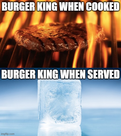Should've went to Taco Bell. | BURGER KING WHEN COOKED; BURGER KING WHEN SERVED | image tagged in burger king,taco bell | made w/ Imgflip meme maker
