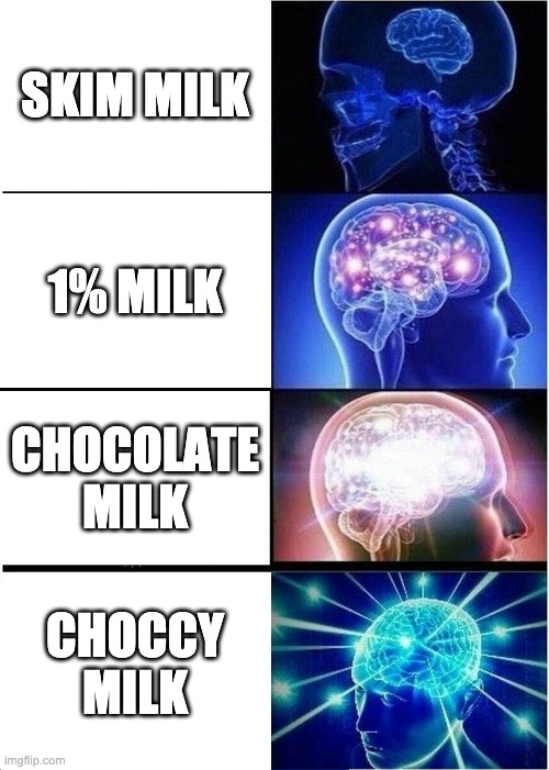 Expanding Brain | SKIM MILK; 1% MILK; CHOCOLATE MILK; CHOCCY MILK | image tagged in memes,expanding brain | made w/ Imgflip meme maker