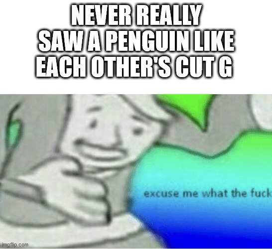 Excuse me wtf blank template | NEVER REALLY SAW A PENGUIN LIKE EACH OTHER'S CUT G | image tagged in excuse me wtf blank template | made w/ Imgflip meme maker