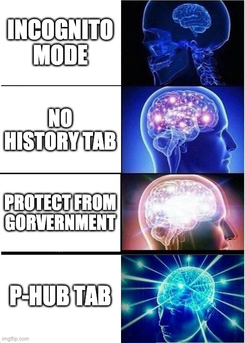 Expanding Brain Meme | INCOGNITO MODE; NO HISTORY TAB; PROTECT FROM GORVERNMENT; P-HUB TAB | image tagged in memes,expanding brain | made w/ Imgflip meme maker