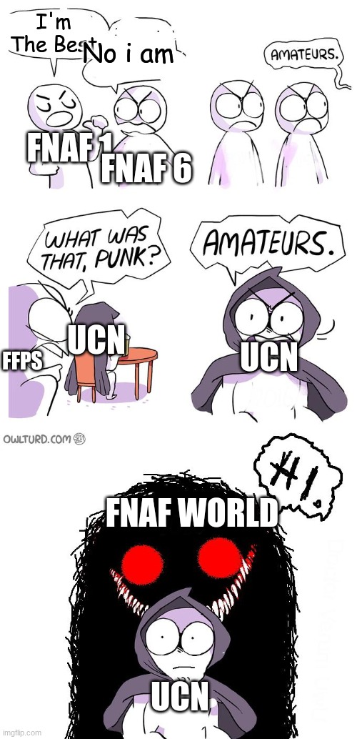 Amateurs 3.0 | I'm The Best; No i am; FNAF 1; FNAF 6; FFPS; UCN; UCN; FNAF WORLD; UCN | image tagged in amateurs 3 0 | made w/ Imgflip meme maker