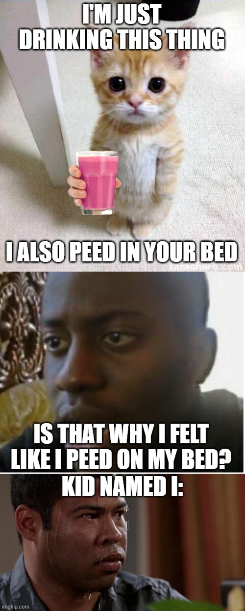 karma comes and goes -that_meme_itscaresme | I'M JUST DRINKING THIS THING; I ALSO PEED IN YOUR BED; IS THAT WHY I FELT LIKE I PEED ON MY BED? KID NAMED I: | image tagged in memes,cute cat,disappointed black guy,sweating bullets | made w/ Imgflip meme maker