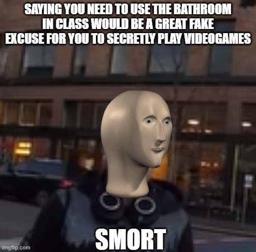 is it really that good of an excuse? | SAYING YOU NEED TO USE THE BATHROOM IN CLASS WOULD BE A GREAT FAKE EXCUSE FOR YOU TO SECRETLY PLAY VIDEOGAMES; SMORT | image tagged in millennial karen meme | made w/ Imgflip meme maker