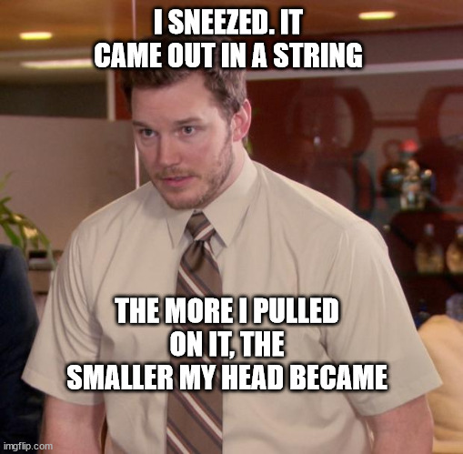 Afraid To Ask Andy Meme | I SNEEZED. IT CAME OUT IN A STRING; THE MORE I PULLED ON IT, THE SMALLER MY HEAD BECAME | image tagged in memes,afraid to ask andy | made w/ Imgflip meme maker