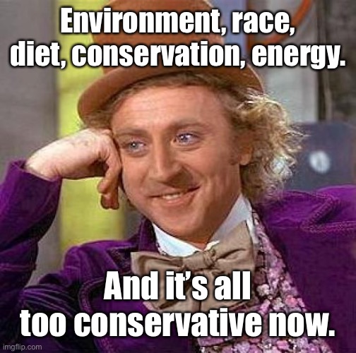 Creepy Condescending Wonka Meme | Environment, race, diet, conservation, energy. And it’s all too conservative now. | image tagged in memes,creepy condescending wonka | made w/ Imgflip meme maker